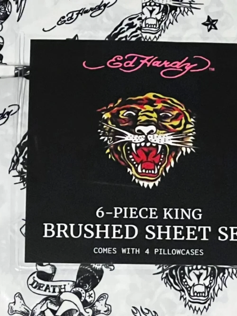 ED HARDY KING White Black Sheet Set 6pc New Tattoo Skull Dagger Tiger Y2K Grunge